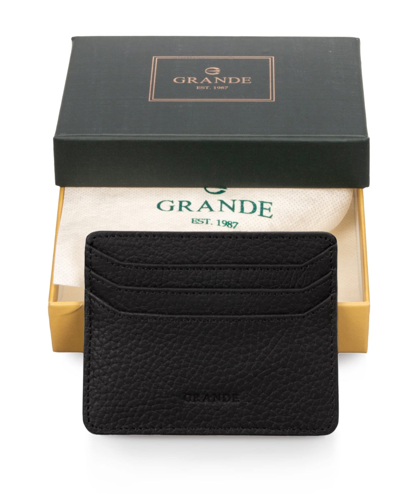 grande 3633 Genuine Leather Card Holder For Women and Men Super Slim Minimalist Small Snap Wallet (Black)