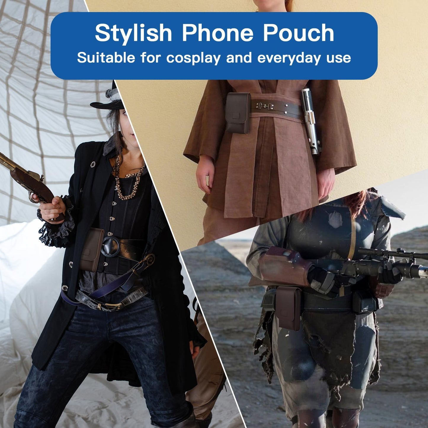 CaSZLUTION Phone Pouch for Cosplay - Ultra Fiber PU Leather Phone Holster Case with Belt Loop Keeper, Costume Accessory for Halloween, Conventions & Roleplay (Brown - L)