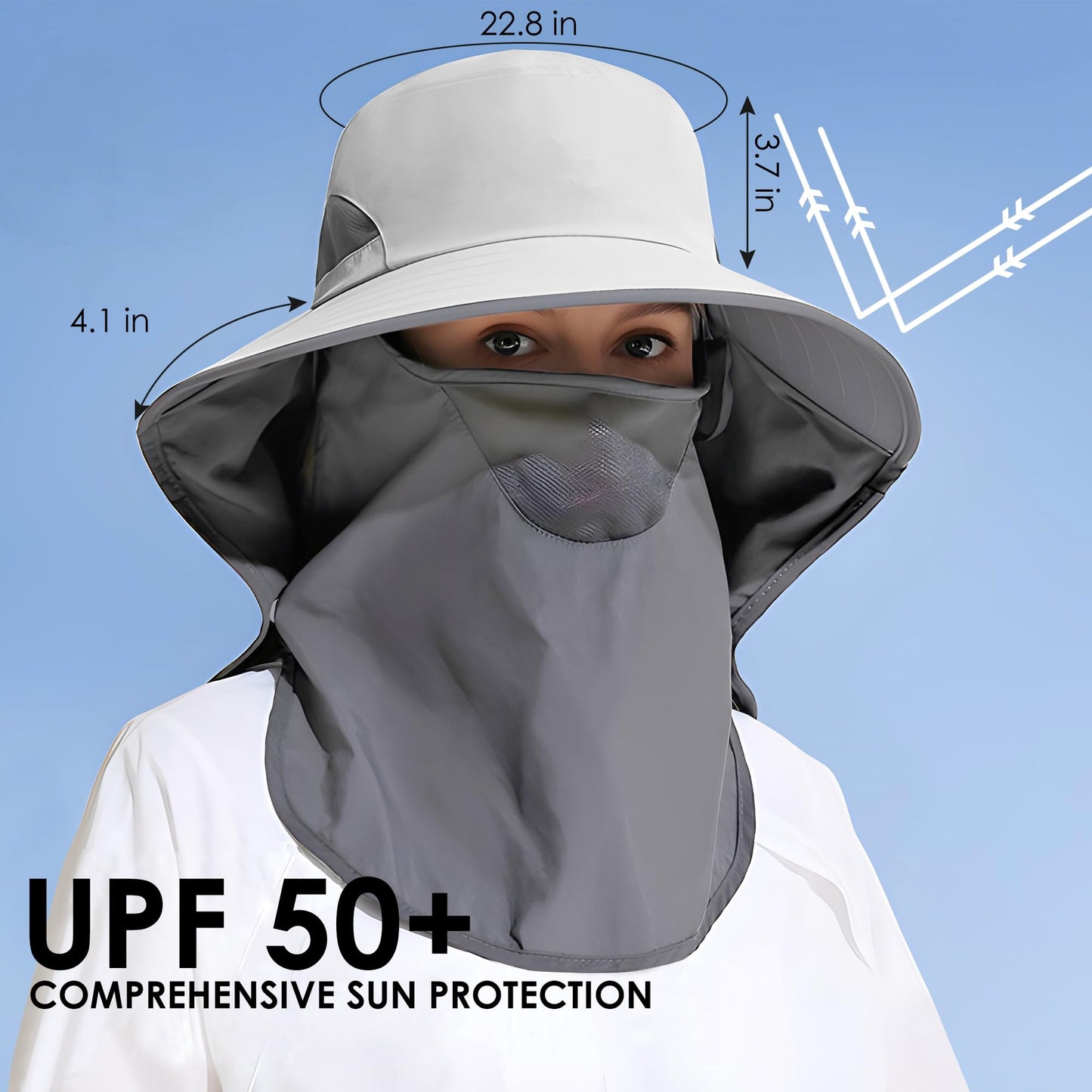 Outdoor Sun Hat Detachable Neck Face Flap UPF 50+UV Protection Visor Fishing Hats with Neck Flap for Men & Women Light Grey