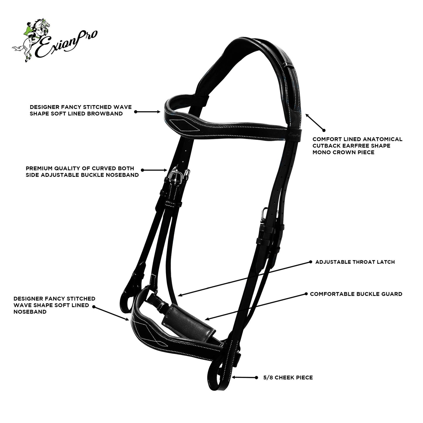 Exion Horse Dressage Bridle with Web Reins | Broad Anatomic Crownpiece, Crank Noseband & Browband & Reins with Hand Stoppers | Dressage Bridles for Horses