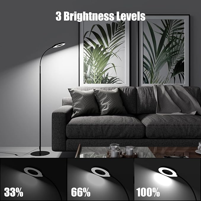 JKSWT LED Floor Lamp, 3 Brightness Levels Eye-Caring Dimmable Standing Reading Lamp 4000K Colors temperatures with Adjustable Gooseneck for Living Room Bedroom Reading - Black
