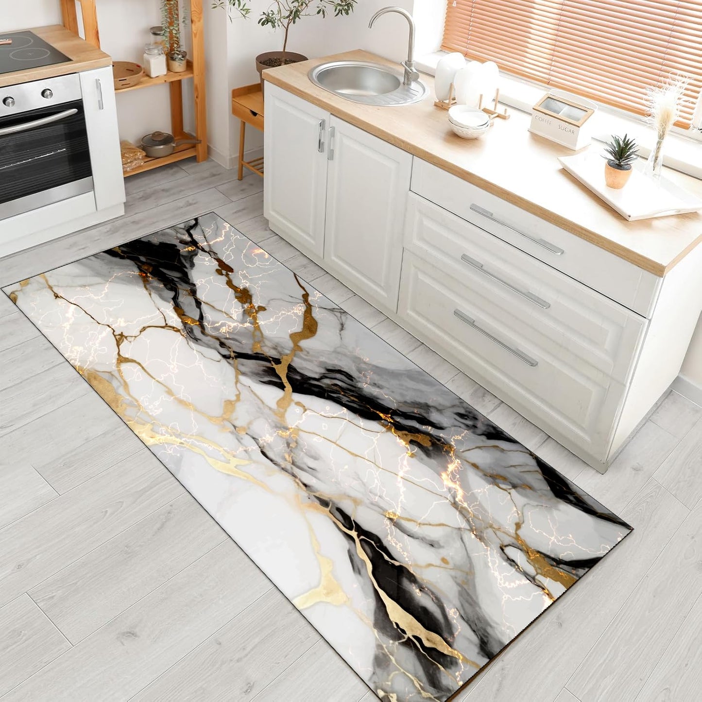 White Marble Runner Rug,2x6ft, Black Gray Gold Texture Design Long Kitchen Mats Rug, Light Luxury Modern Abstract Art Entrance Marble Rugs, for Indoor Floor Non-Slip Laundry Room Carpet