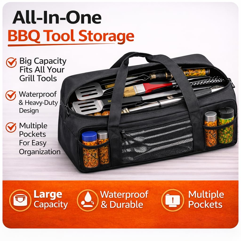 Vexillum Portable Grill Tool Storage Bag – Large BBQ Utensil Organizer for Grilling & Camping, Waterproof & Stain-Resistant Fabric with Pockets, Barbecue Accessories Case Container (22"x6.5"x7.2")