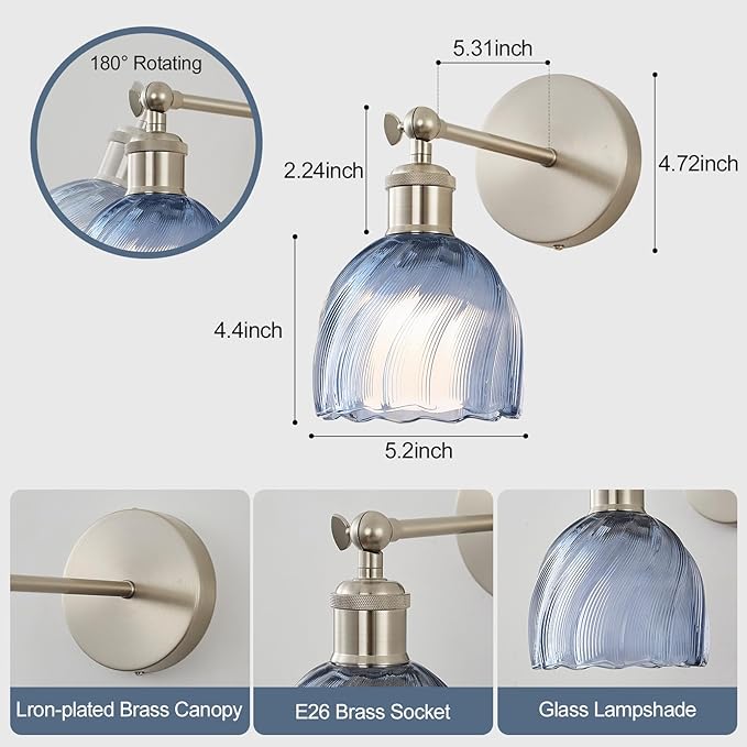 Vintage Battery Powered Cordless Wall Sconce Set of 2, Battery Wall Sconce with Blue Glass Lampshade, Rechargeable Battery Powered Wall Lights with Remote Control for Bedside Bedroom Doorway