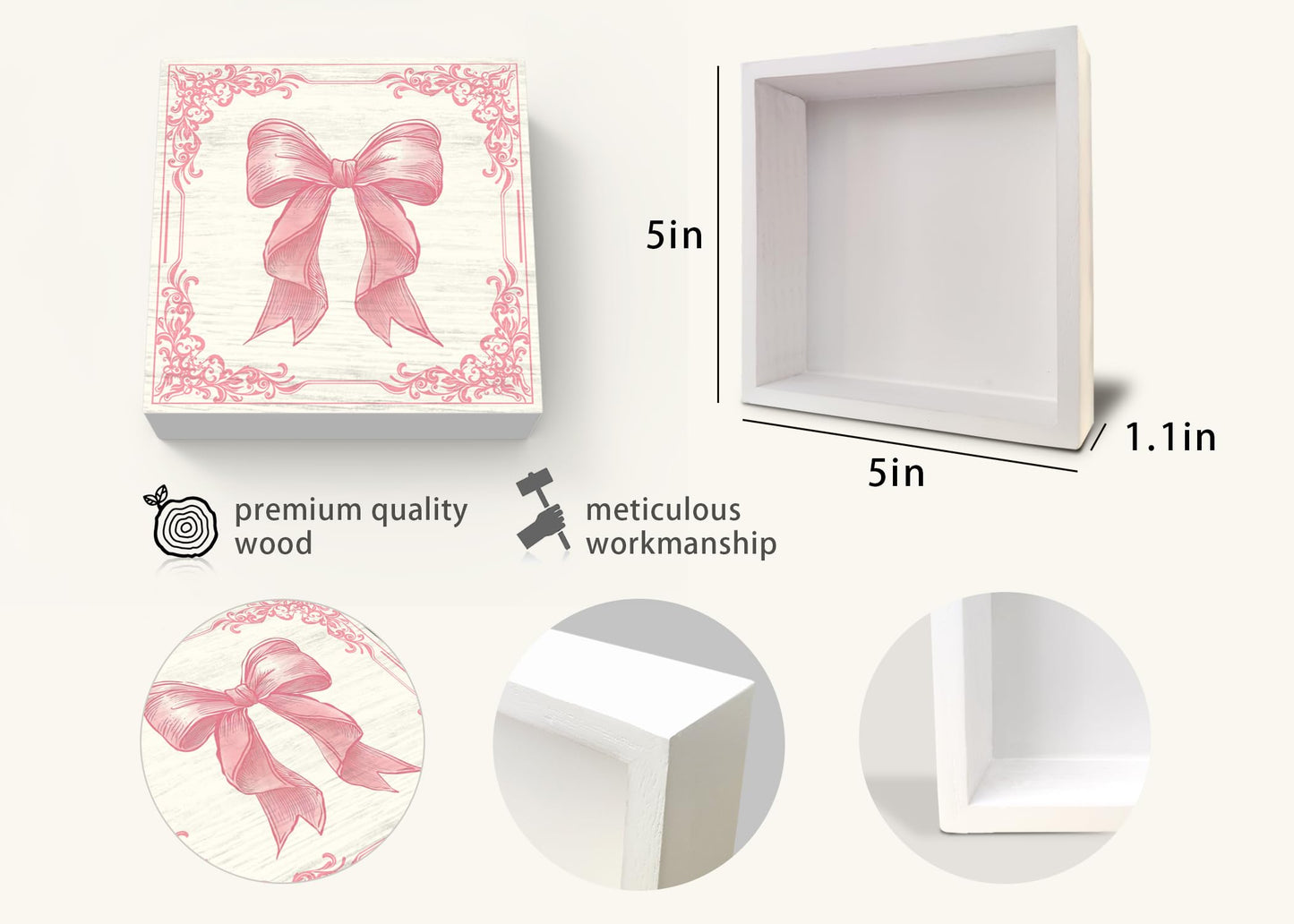 ULEGIE Pink Bow Coquette Wooden Box Sign, Coquette Room Decor, Dorm Room Essentials for Girls, Girly Ribbon Bow for Girls Room Dorm College Bedroom Desk Shelf Tabletop Decoration 5 x 5 Inch