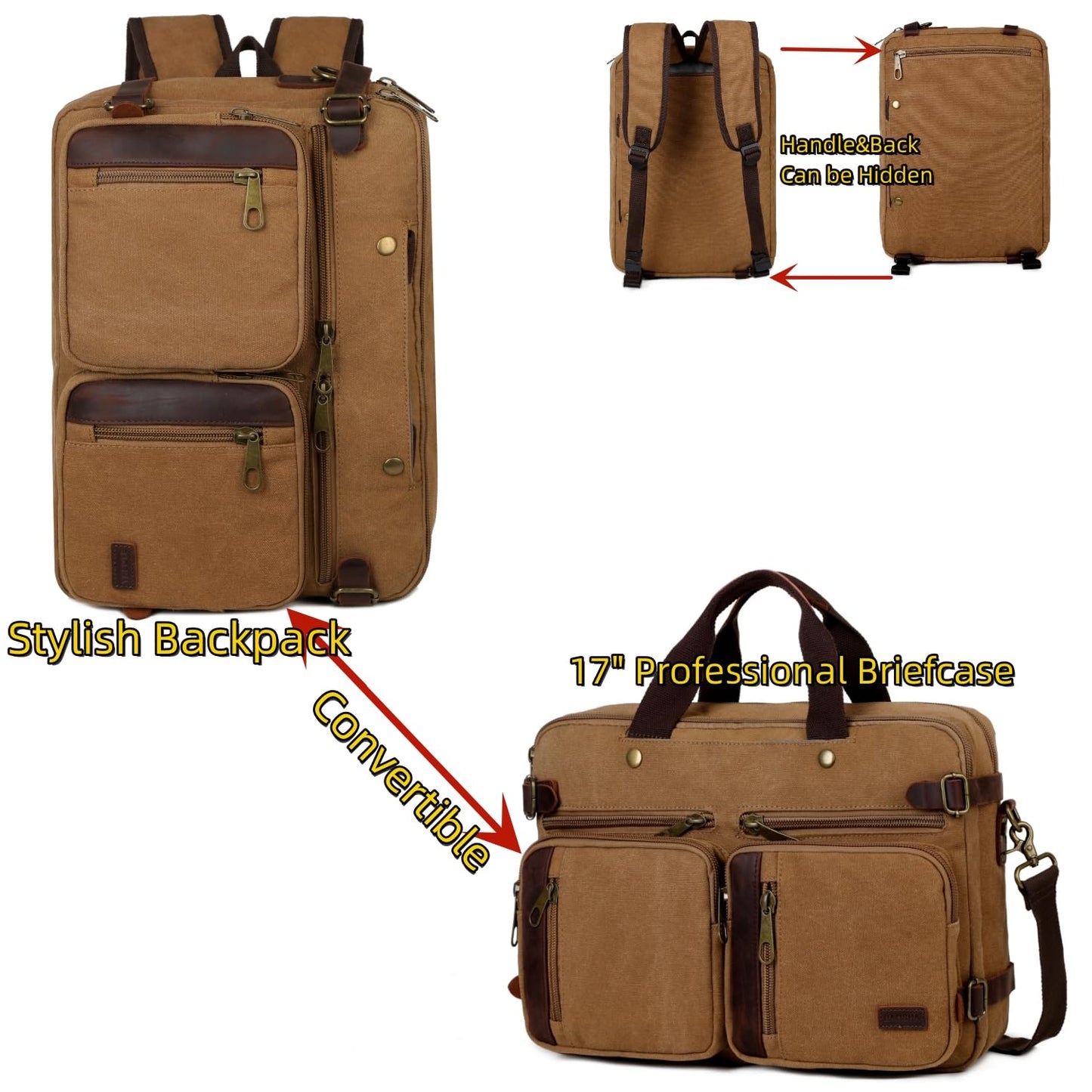 Baosha Real Leather Canvas Laptop Briefcase Backpack Hybrid Large 17 inch Laptop bag Waterproof for Men HB-22 (Brown)