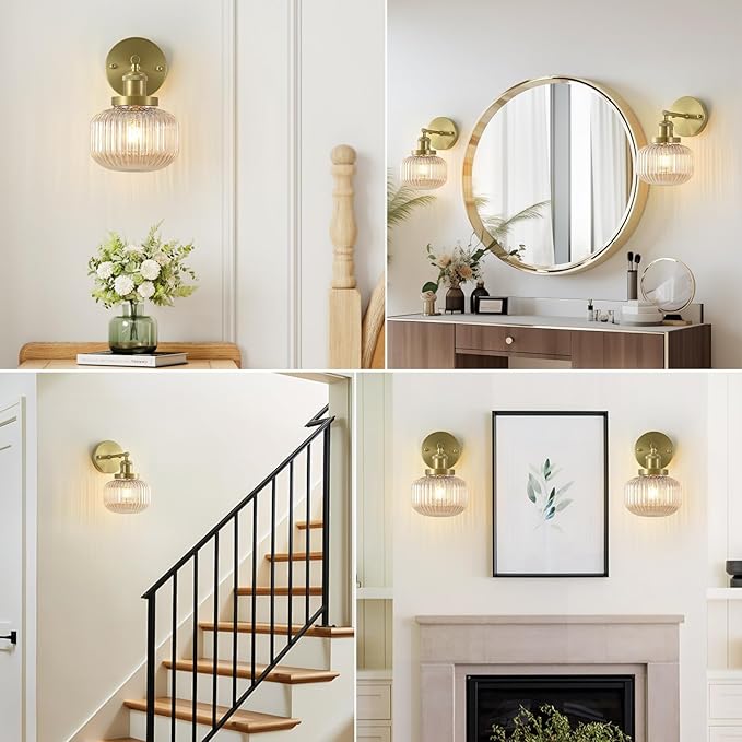 Vintage Wall Sconces with Amber Pumpkin Glass Lampshade, Indoor Bathroom Wall Sconce, Modern Gold Industrial Lighting Fixture for Mirror Living Room Hallway 1 Pack
