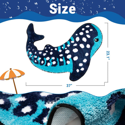 Percozzi Whale Shark Bathroom Rug 35"*28", Handmade Funny Tufted Ocean Animal Bath Mat with Non-Slip TPR Backing Beach Soft Plush Absorbent Blue Whale Shark Bath for Coastal & Marine Lovers