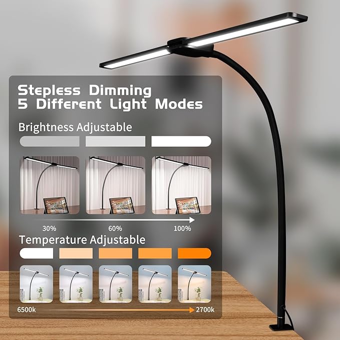 LED Desk Lamp with Two Heads, Clamp On Desk Lamps, 12W, 2000 LMS, CRI>90, 5 Color Modes (2700K-6500K), Various Brightness Levels, Adapter Included