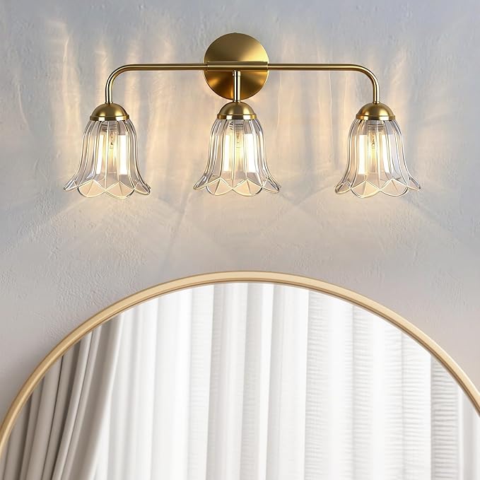 3-Lights Bathroom Vanity Light, Gold Vintage Bathroom Light Fixtures, Matte Antique Brass Finish with Crystal Glass Shade, Wall Sconces Lighting for Living Room, Bedroom, Hallway（E12 Base）