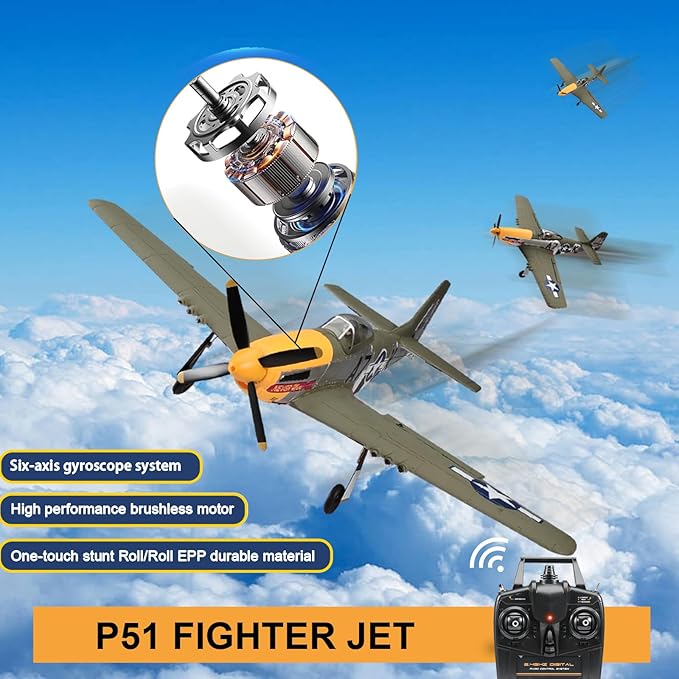 RC Airplane Brushless P51D Mustang RC Plane Ready to Fly Remote Control Airplane Fighter with 6-Axis Gyro 3 Flight Modes &amp Aerobatics 2.4GHz Radio Controlled Aircraft for Beginners Boys &amp Ad