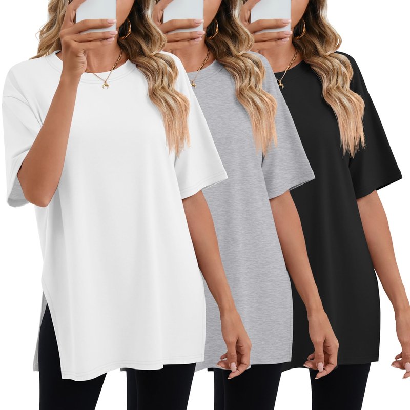 Huukeay 3 Pack Women's Oversized Gym T Shirts Short Sleeve Side Split Crewneck Tops Casual Summer Workout Baggy Basic Tee(Black, White, Gray,L)