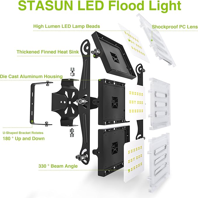 2 Pack LED Flood Lights Outdoor, STASUN 150W 15000lm 6000K Daylight White IP66 Waterproof, Commercial Parking Lot Lights, 3 Heads for Yard Street Stadium Outdoor Area Floodlight Bright Security Lights