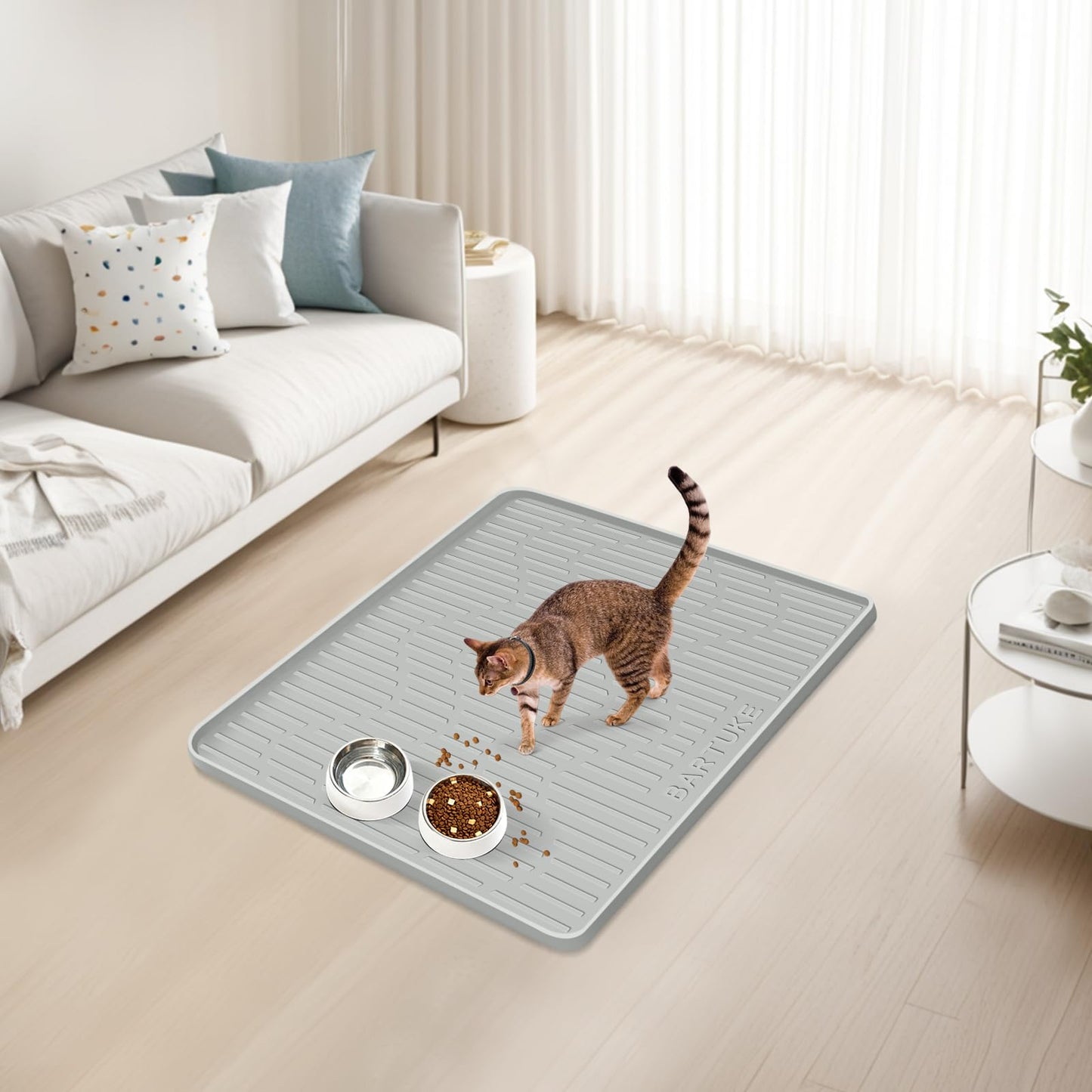 Bartuke Silicone Cat & Dog Food Mat, 24" x 24" Large Pet Feeding Mat for Cats and Dogs Bowl, Pet Placemat for Food and Water with Raised Edge, Waterproof, Leakproof (Grey)