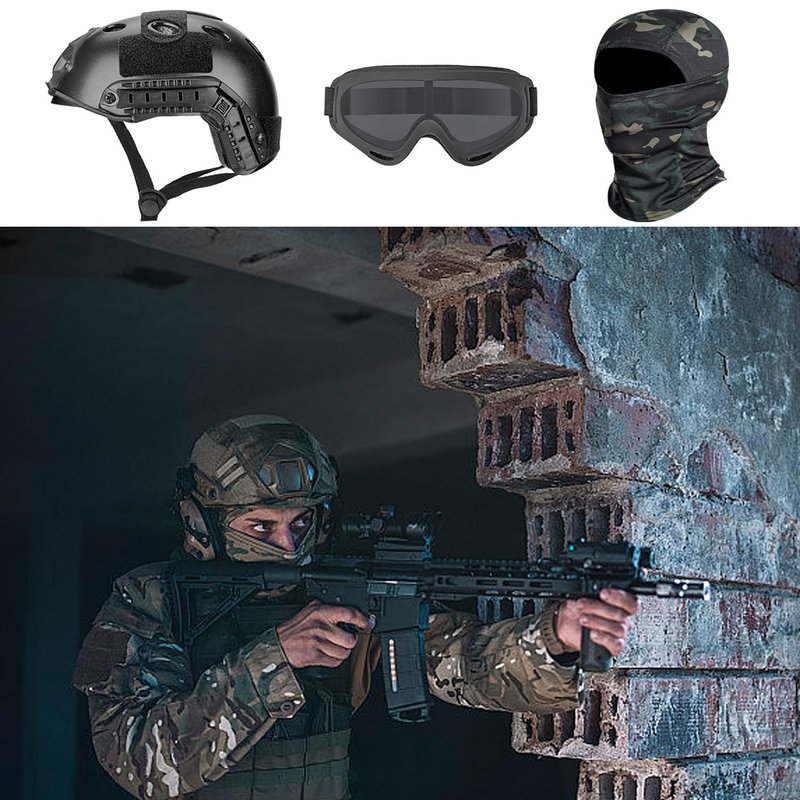 SANYETS Airsoft Helmet, Black PJ Tactical Helmet with Night Vision Mount,Paintball Goggles and Balaclava Face Mask,Men's Military Costume,Tactical Airsoft Gear