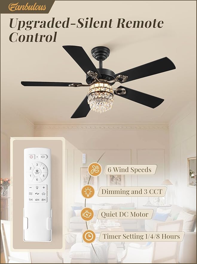 Fanbulous 48 Inch Crystal Chandelier Fan with 22w LED, Fandelier Ceiling Fan with Light, Dimmable, 3CCT, 6-Speeds, Quiet DC Motor, Ceiling Fan Chandeliers, Modern Ceiling Fans for Bedroom, Living Room