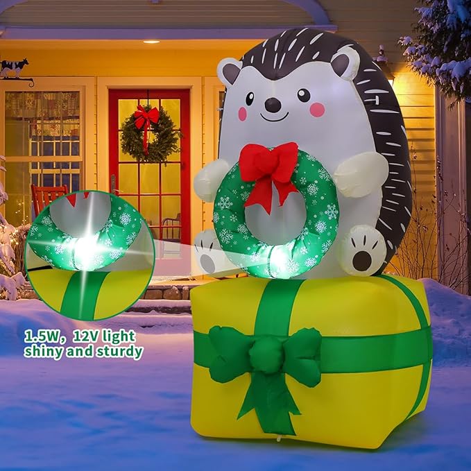 COMIN 5 FT Christmas Inflatables Outdoor Decorations Inflatable Hedgehog On Present Christmas Box Blow Ups with Built-in LEDs for Yard Party Lawn Decor