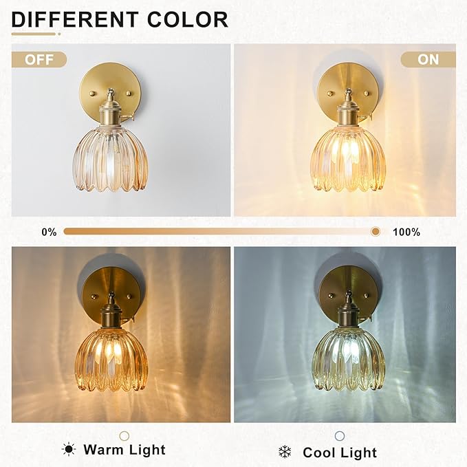 Hardwired Wall Sconce Light, Vintage Wall Sconce with Switch, Gold Wall Light Fixture with Tulip Amber Glass Lampshade, Indoor Wall Light for Bedroom Bathroom, Bedside Wall Lamp
