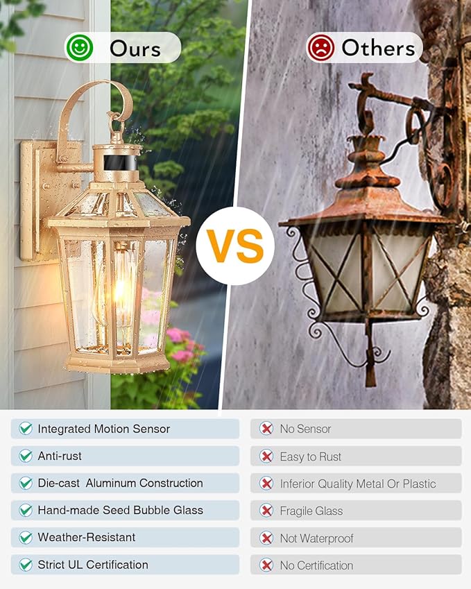 VIANIS Outdoor Wall Lights, Motion Sensor Exterior Light Fixtures Wall Mount, Waterproof Modern Gold Outside Front Porch Light, Anti-Rust Aluminum Outdoor Wall Sconce for House Garage 2 Pack
