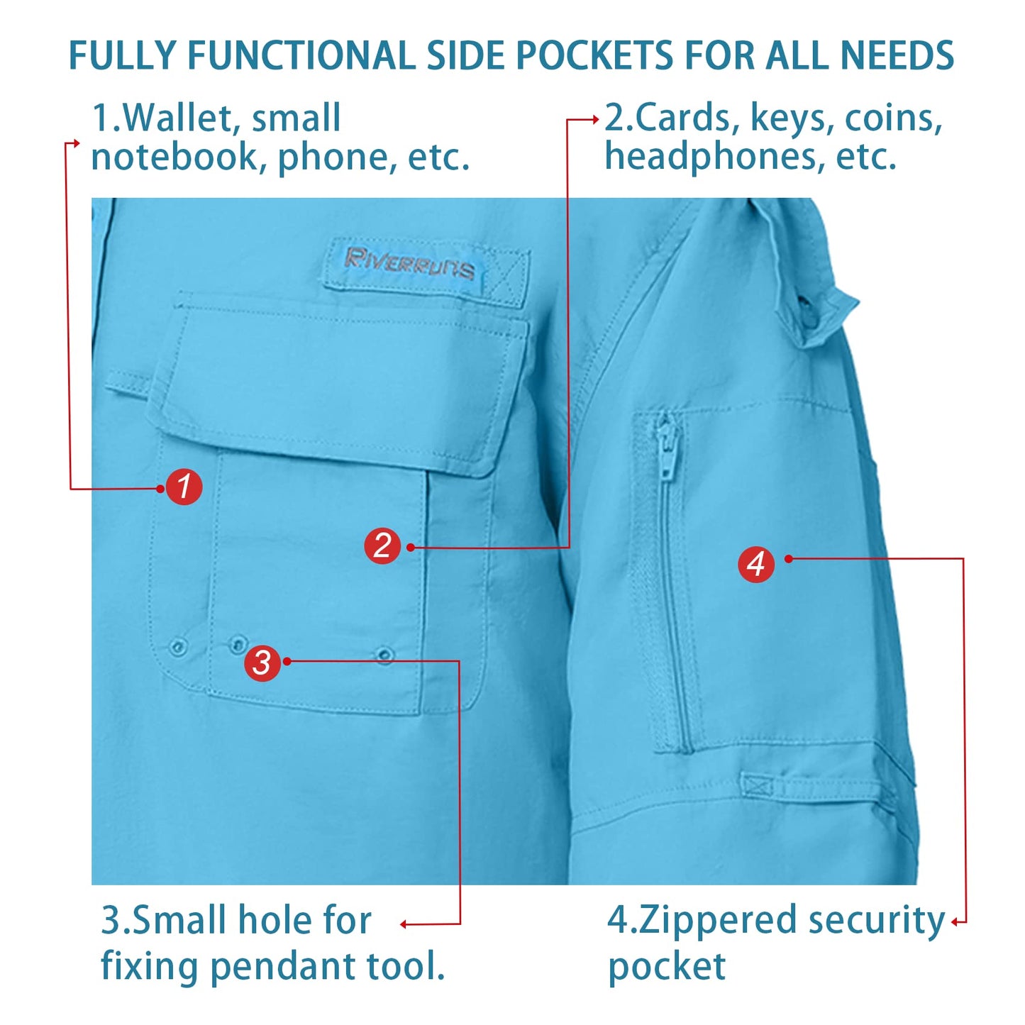 Riverruns UPF 50+ Men's Fishing Shirts Long Sleeve UV Protection Shirts Water-Repellent for Hiking, Fishing, Camping (Blue,Large)