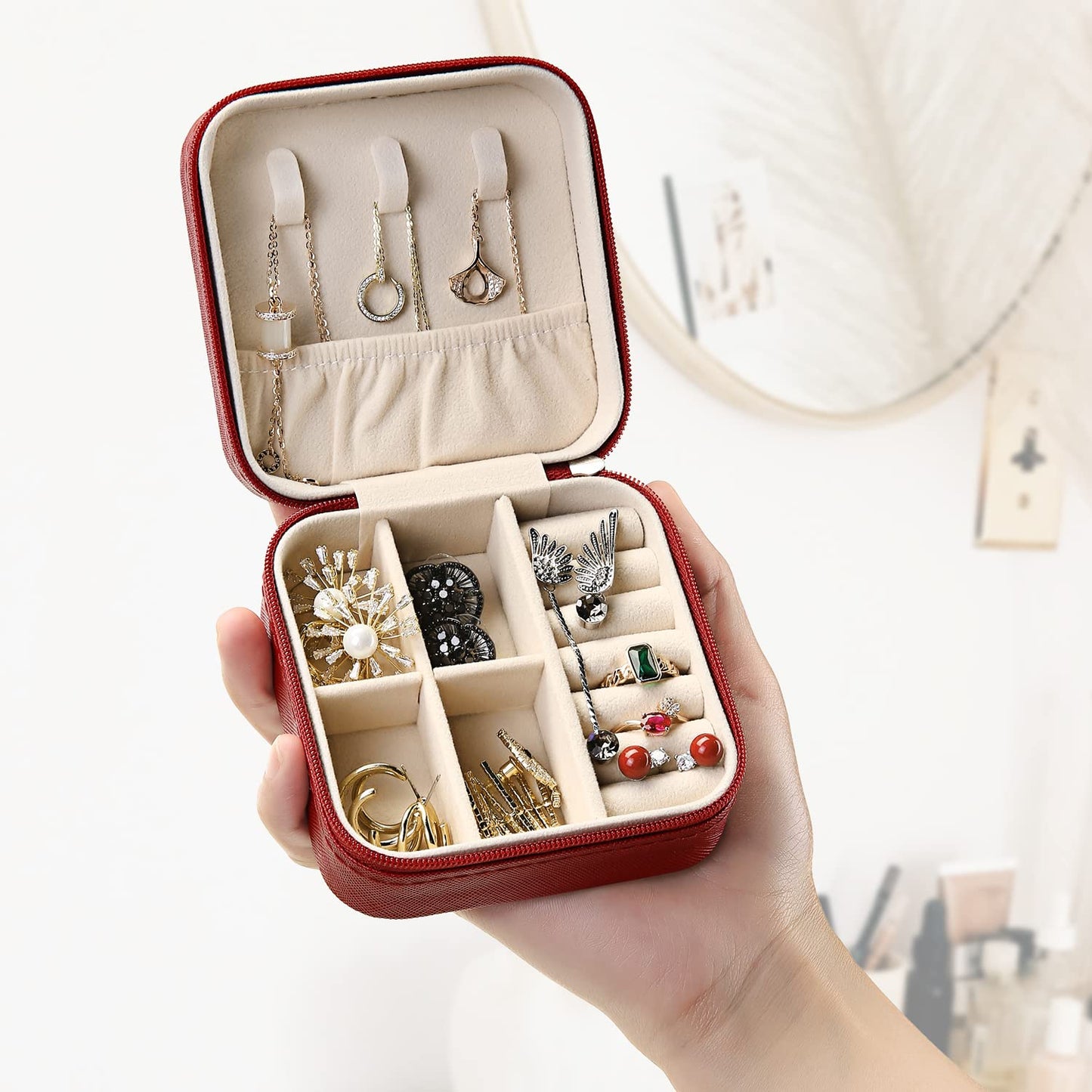 TRODANCE Mini Jewelry Case, Small Travel Jewelry Organizer, Portable Jewelry Box Mini Storage Organizer Display Box For Rings Earrings Necklaces (Red-4pcs)