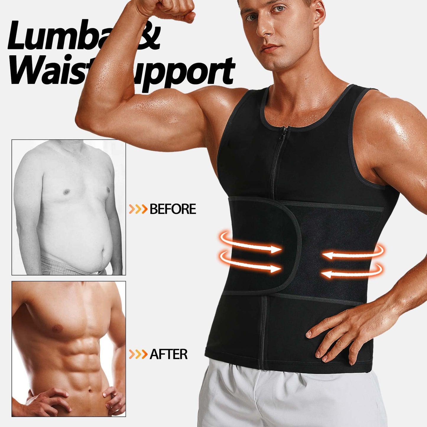 LMCOB Sauna Vest for Men Waist Trainer Vest with Zipper Workout Sauna Suit with Adjustable Waist Trimmer Belt(LYBH10072-01-L)