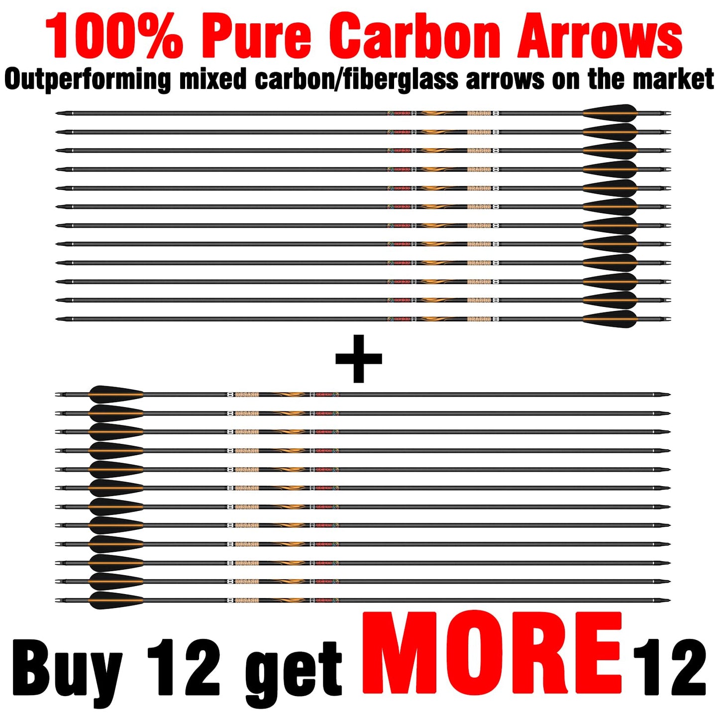 sanlida Dragon 8 100% Pure Carbon Hunting Arrows, 32" Ready-to-Shoot Arrows with Inserts, ±0.006" Straightness, 10-Spine Options, for Compound & Recurve Bows, 24 Pack (320 Spine)