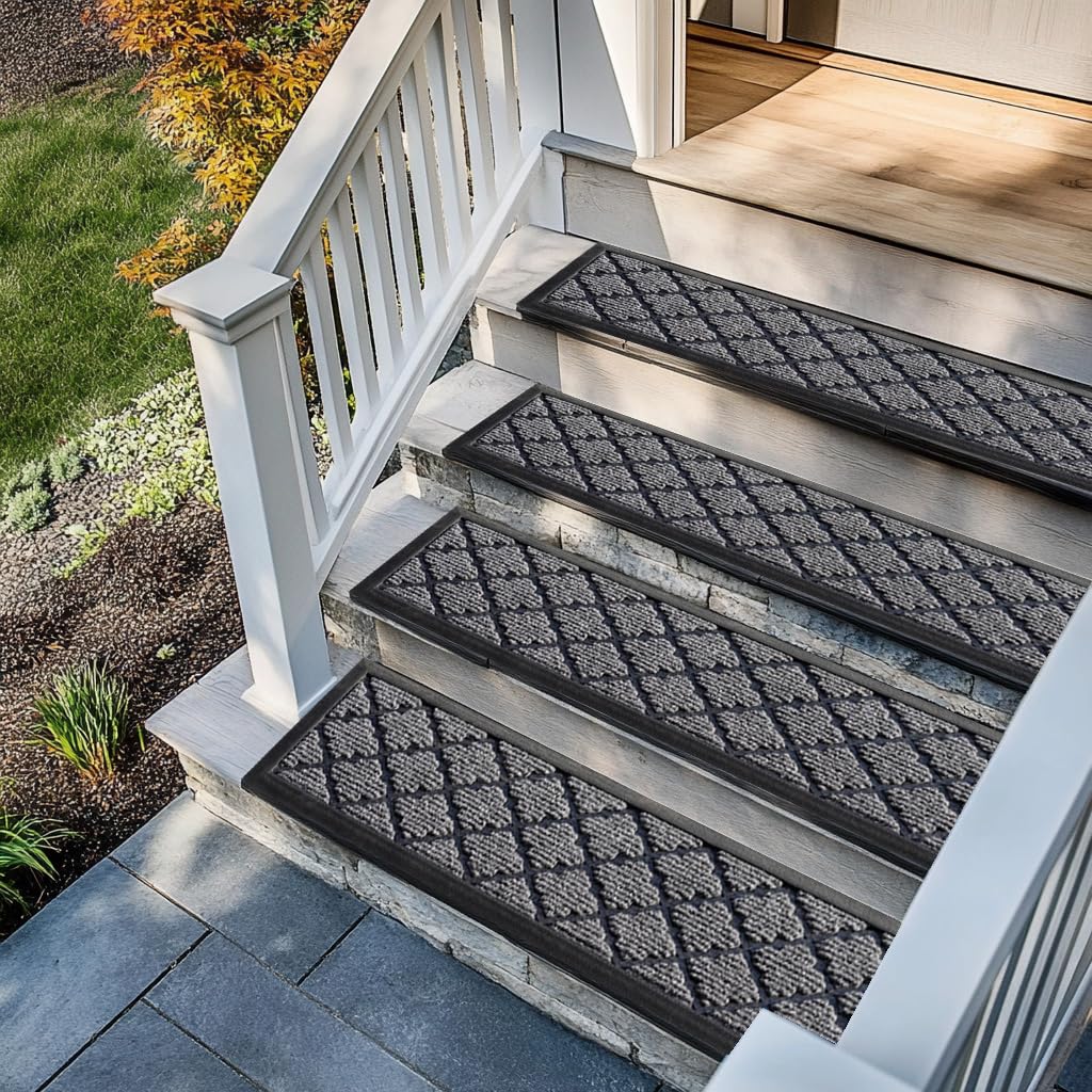 Aucuda 2pcs 8.5" x 30" Stair Treads Outdoor for Elders and Dogs on Wooden Steps, Non Slip Stair Runner Rug Heat Insulation Rubber Backing, Gray Lattice Staircase Mat Carpet for Indoor Grip Farmhouse.