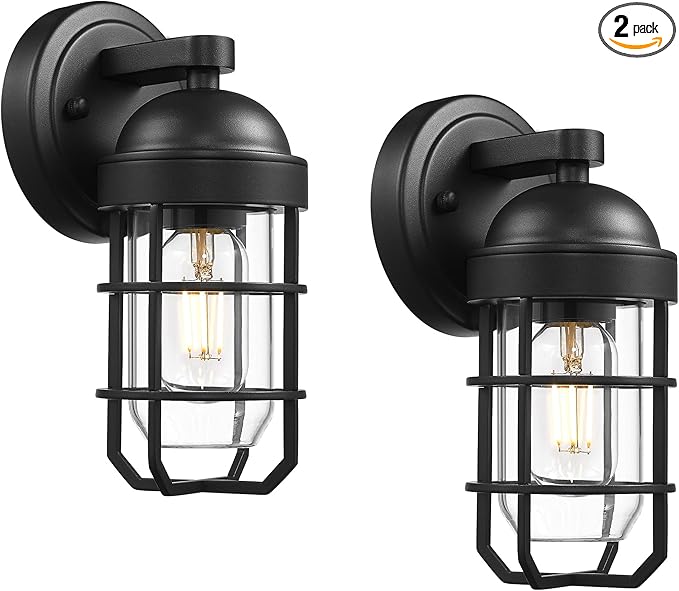 Emliviar Farmhouse Outdoor Wall Light, 2 Pack Wall Light Fixtures with Clear Tempered Glass, Black Finish, GE255B-2PK BK