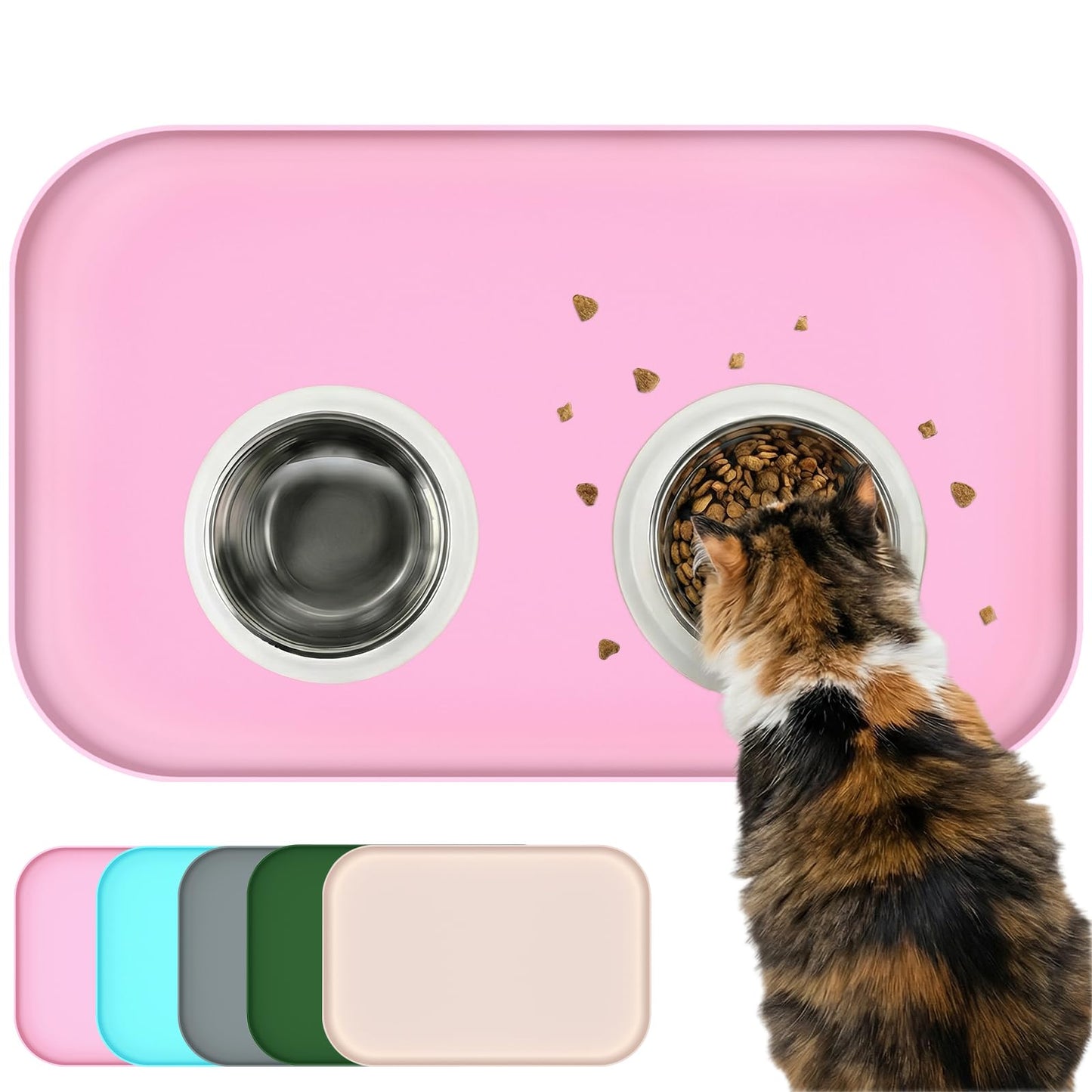 BLESWIN Waterproof Silicone Pet Feeding Mat Pink with Raised Edge,24" x 16"Non-Skid Spill Proof Dog Bowl Mats, Easy Clean Cat Bowls Placemat for Cats and Dogs