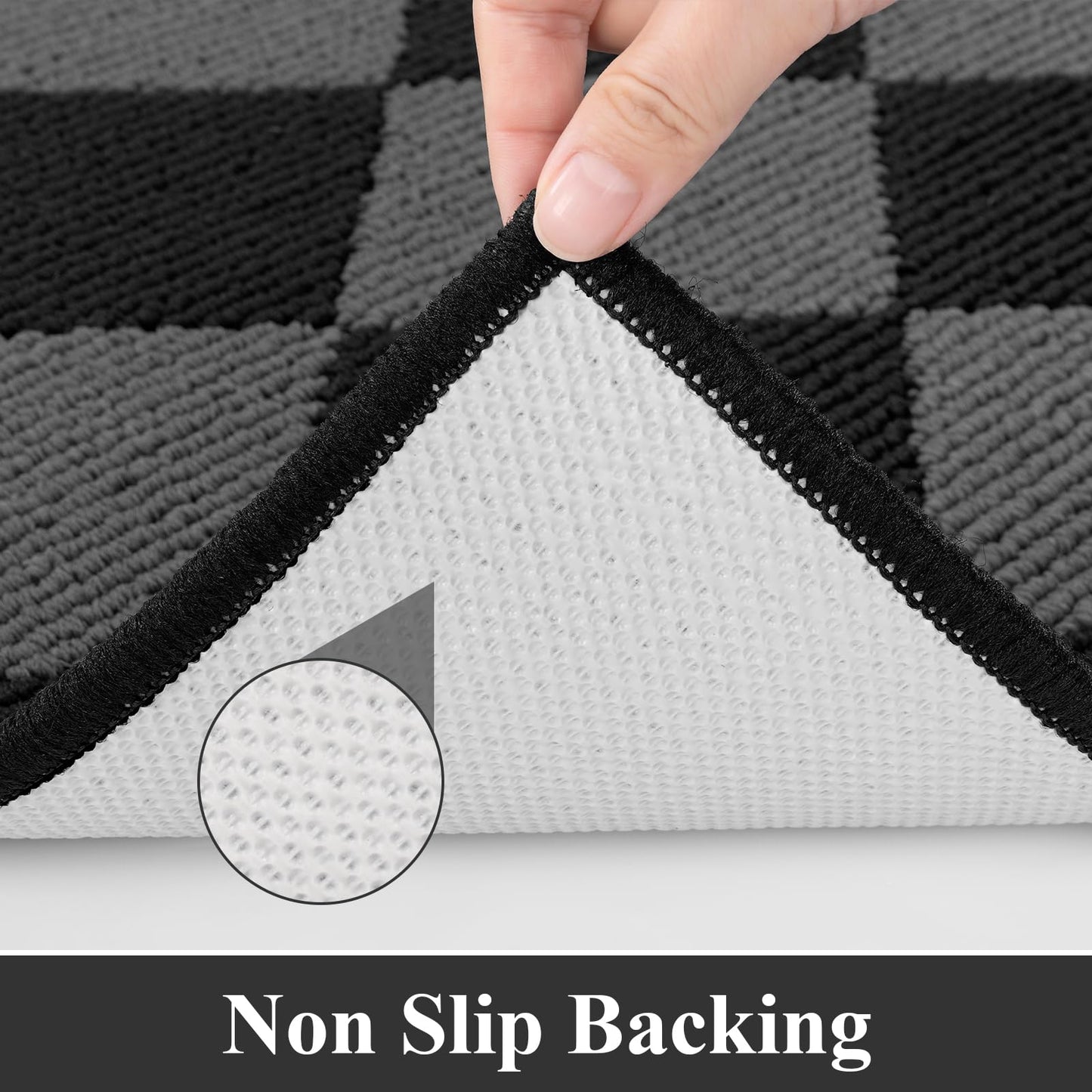 SHACOS 3Pcs Kitchen Rug, Checkered Kitchen Mat for Floor, Washable Non Slip Runner Rug for Hallway Entryway, Kitchen Runner Set for Kitchen, Front of Sink (17"x30"+17"x47"+17"x59", Black/Grey)