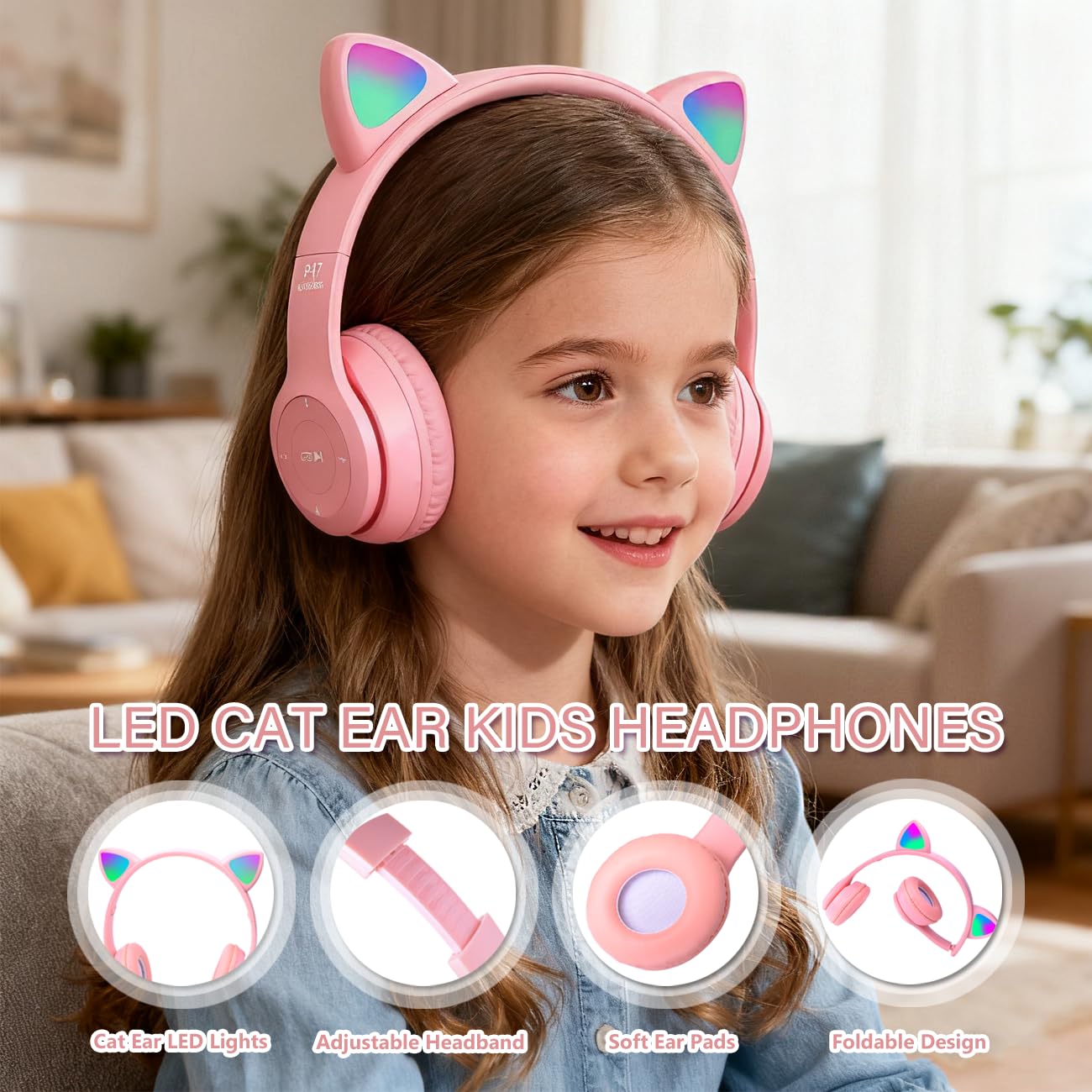 Megadream Kids Wireless Headphones, Bluetooth Over Ear Headphones with Microphone, Cat Ear LED Light Child Headset TF Card/Wired Foldable Earphones for Girls Boys Gift Age 7+ (Pink)
