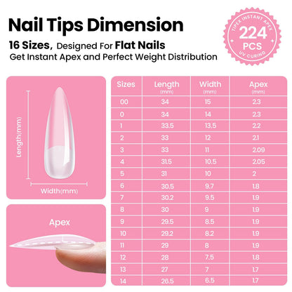 Beetles Tipex Instant Apex Nail Tips Kit, Coffin Long 224Pcs 16 Sizes Pre-Building & Pre-Etched Thicker Acrylic Nails False Nail Extension with Tipex Nail Glue Mini Nail Lamp