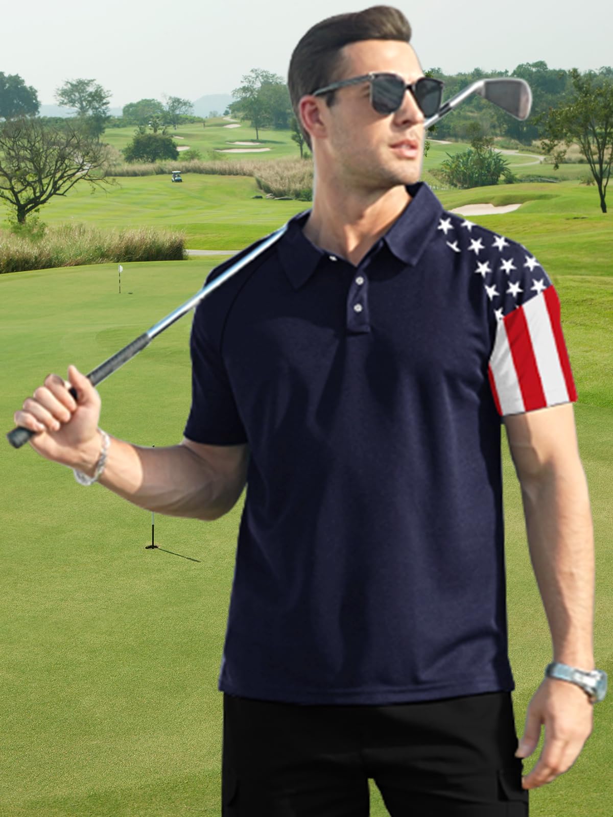 ZITY Men's Flag Golf Polo Shirts Short Sleeve Tactical Collared Shirt Men Outdoor Moisture Wicking Shirts Dark Blue Medium