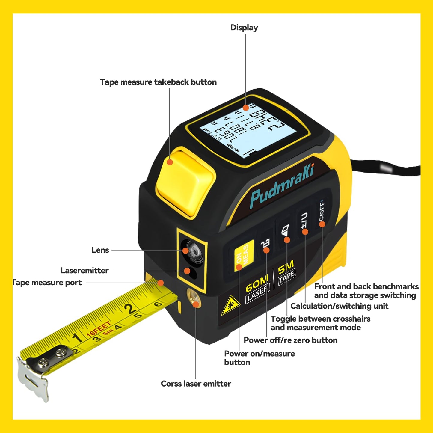 PudmraKi 4-in-1 Laser Tape Measure 196.85Ft Laser Ranging 16.4ft Digital Tape Measure Area, Volume Measurement, Pythagorean Mode, Waterproof and Rechargeable