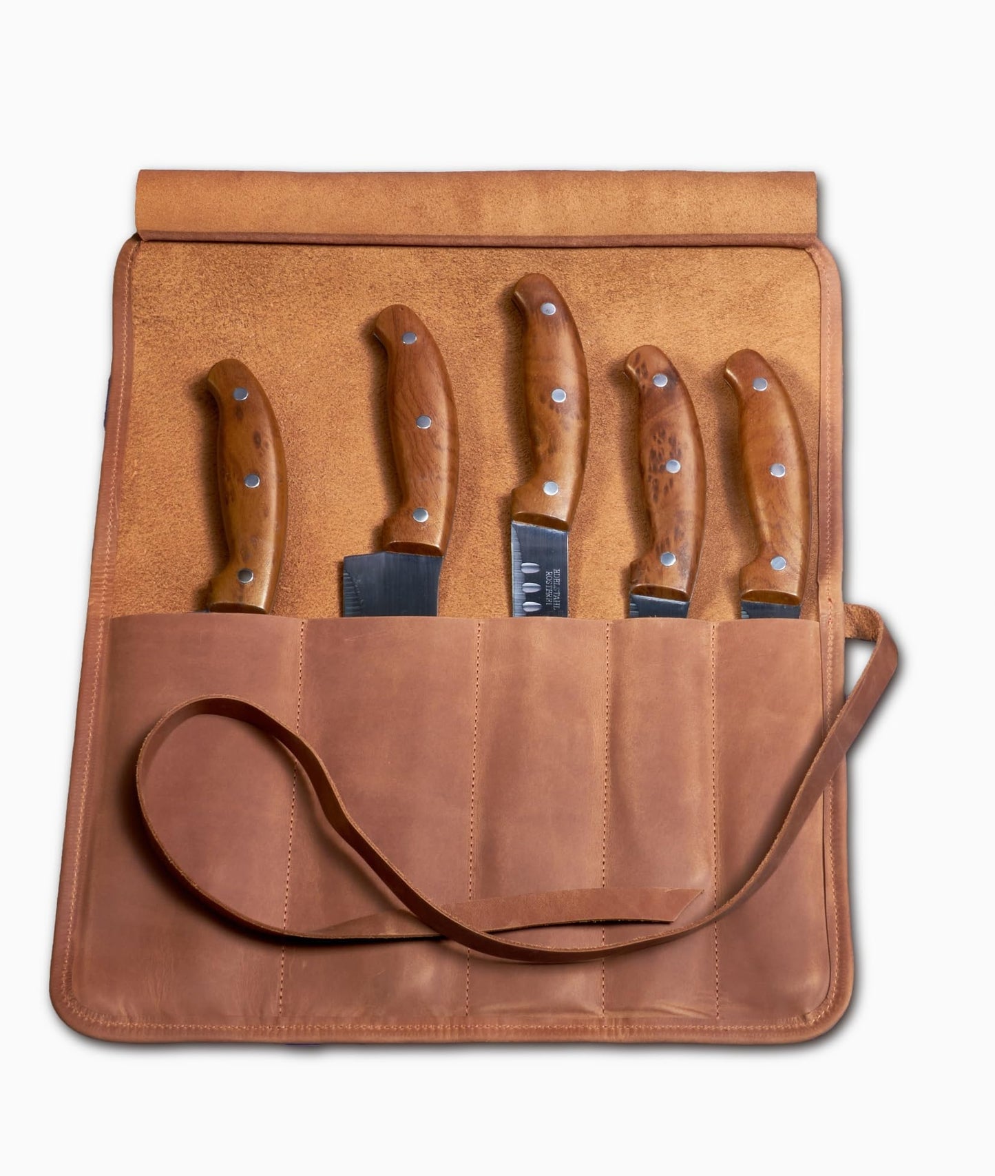 OMBUO Professional's Leather Knife Roll Bag, Leather Knife Roll For Chef, Caramel Brown