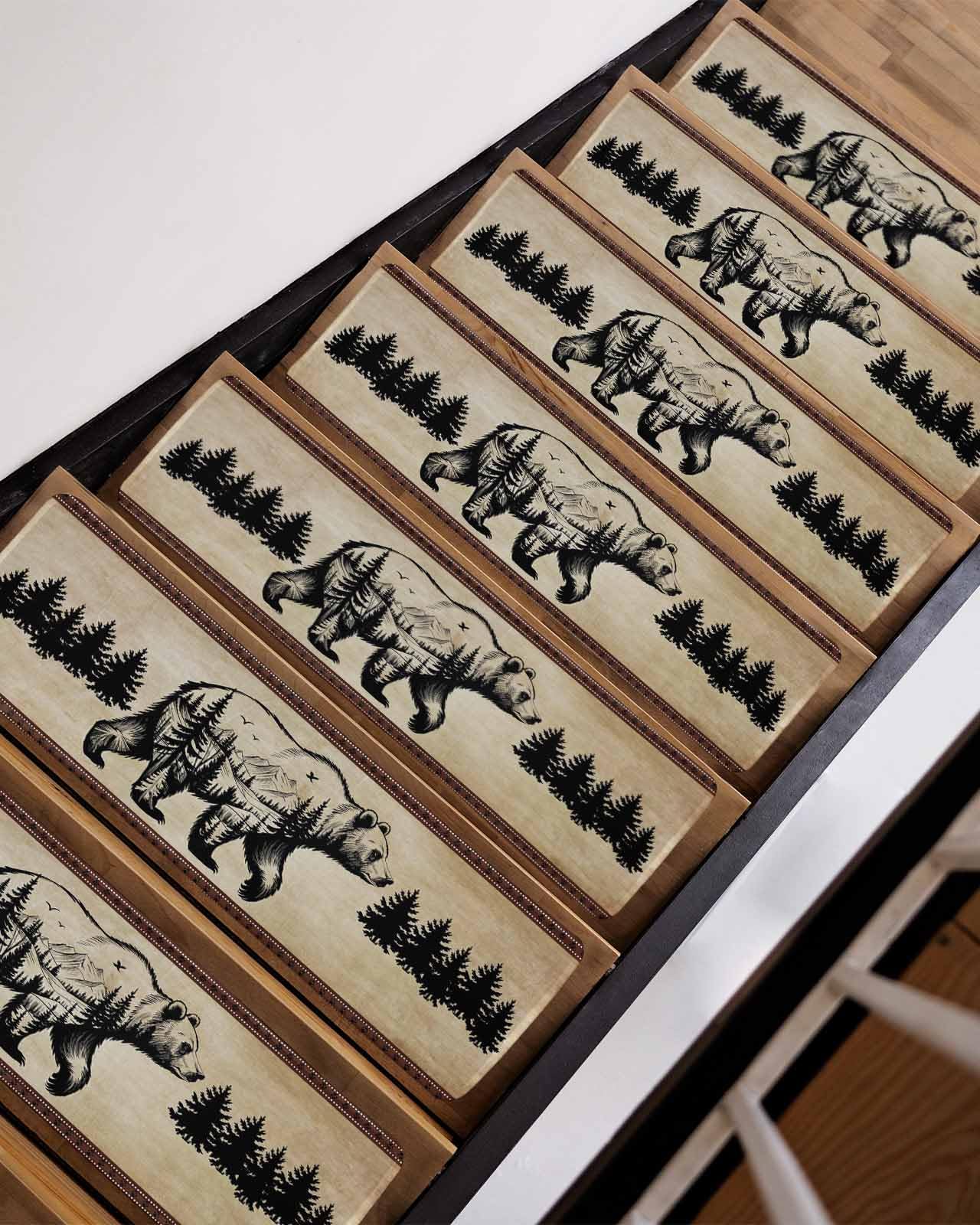 Stair Treads for Wooden Steps,Retro Pine Tree Bear Silhouette Non Slip Stair Carpet Indoor Stair Runner Staircase Step Treads,Black Animal Vintage Back Stair Mat 8x30in 4 Pcs