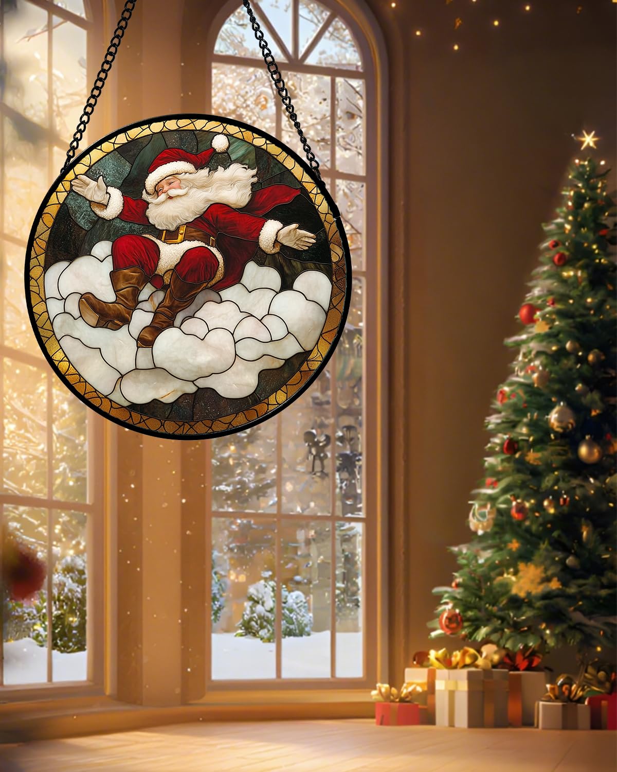 Stained Glass Window Hanging - Red White Santa Claus Clouds Suncatcher for Doors Home Christmas Decoration Sun Catcher Thanksgiving New Year Birthday Gifts for Friend Women Men Mom Nana 6.3 in