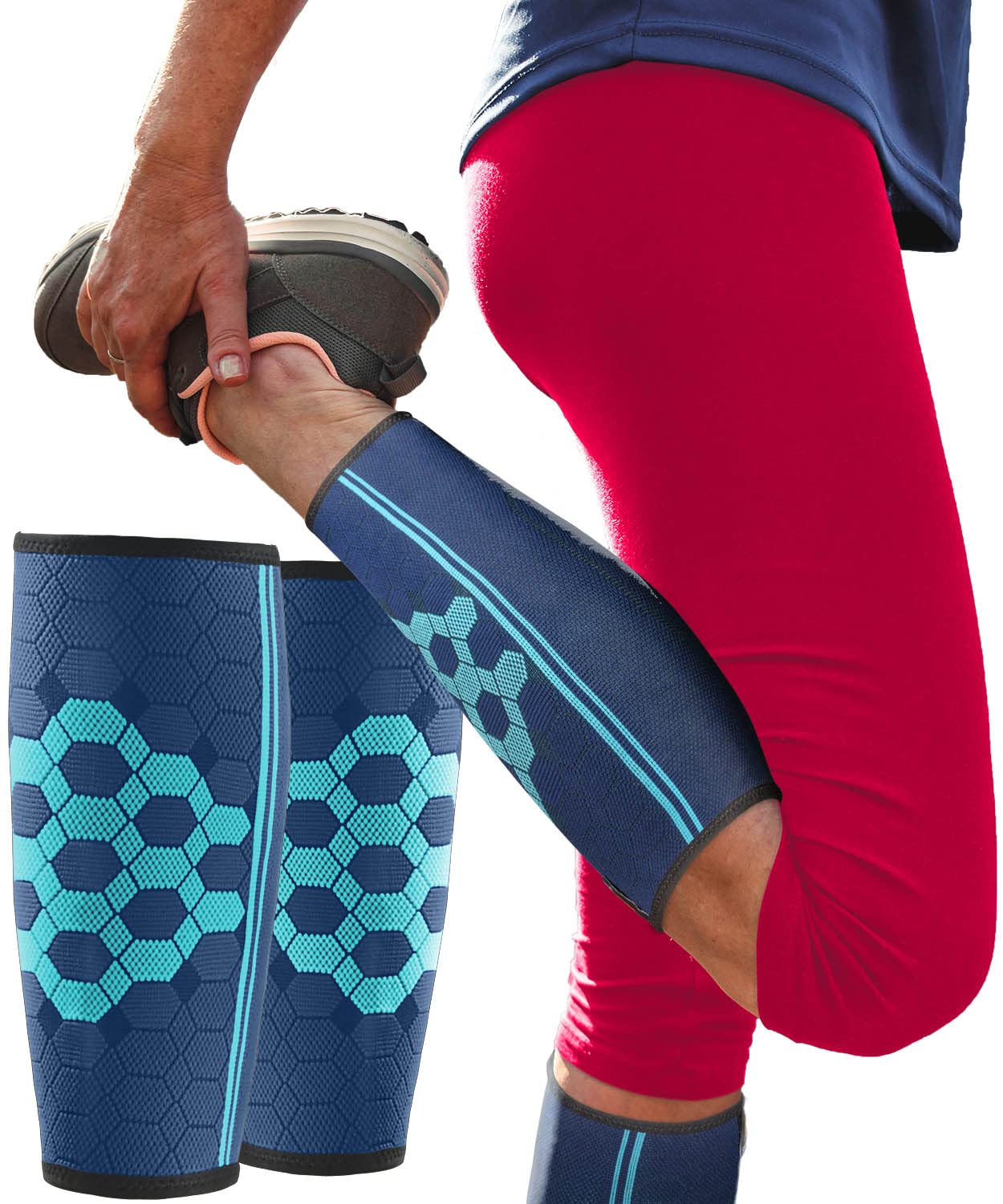 Sparthos Calf Compression Sleeves (Pair) – Leg Compression Socks for Men and Women – Shin Splint, Calves Pain Relief, Sports, Support, Running, Walking Yoga Thigh Hamstring Brace (Blue-S)