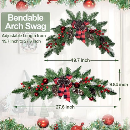 27.6" Christmas Swag with Lights Artificial Decorative Swag with Cute Bow Red Xmas Balls PineCones Red Berries Cedar Pine Swag Wreath Decoration for Front Door Table Window Stair Mantle Holiday Decor