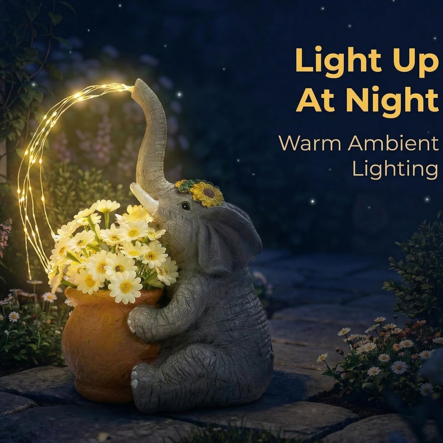Joint Honglin Solar Elephant Planter Garden Statue with Watering Fairy Lights, Flower Pot with Artificial Daisies, Outdoor Resin Solar Garden Decor for Yard Lawn Patio Porch (Elephant)
