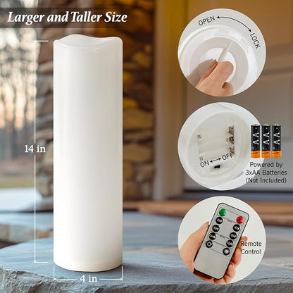 4" x 14" White Large Waterproof Outdoor Flameless Candles Battery Operated LED Flickering Pillar Candles with Remote and Timer for Indoor Outdoor Lanterns, Long Lasting, Set of 2