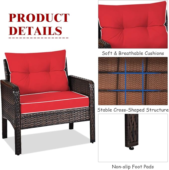 HAPPYGRILL 3 Pieces Patio Furniture Set Outdoor Rattan Wicker Coffee Table & Chairs Set with Seat Cushions Patio Conversation Set for Garden Balcony Backyard Poolside