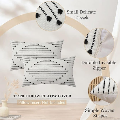 Mecatny Boho Outdoor Throw Pillow Covers 12X20 Set of 2, Farmhouse Lumbar Pillow Covers for Couch Sofa Living Room, Black & Cream White