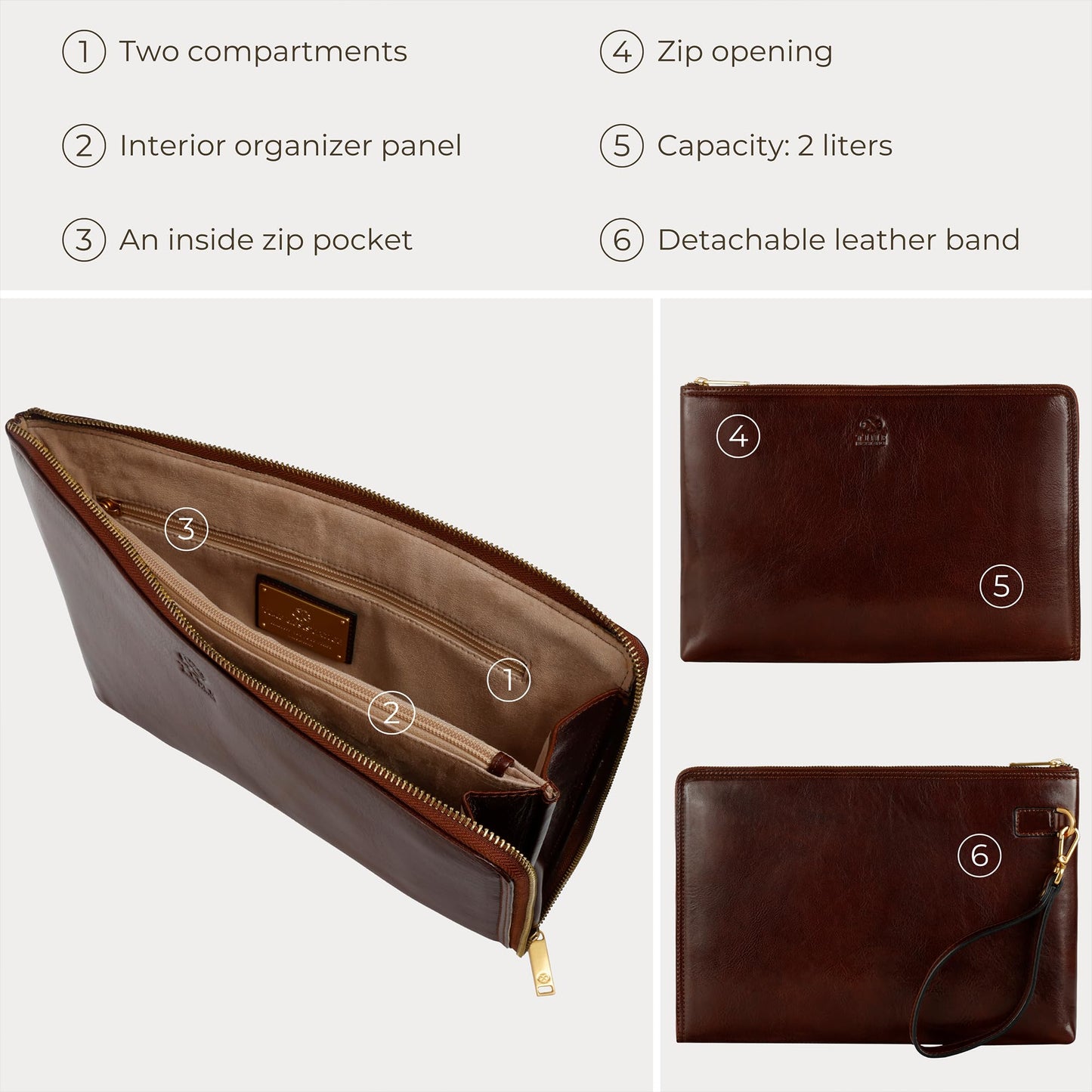 Time Resistance Leather Clutch for Men - Organizer Wrist Bag Briefcase - Handmade in Italy (Brown)