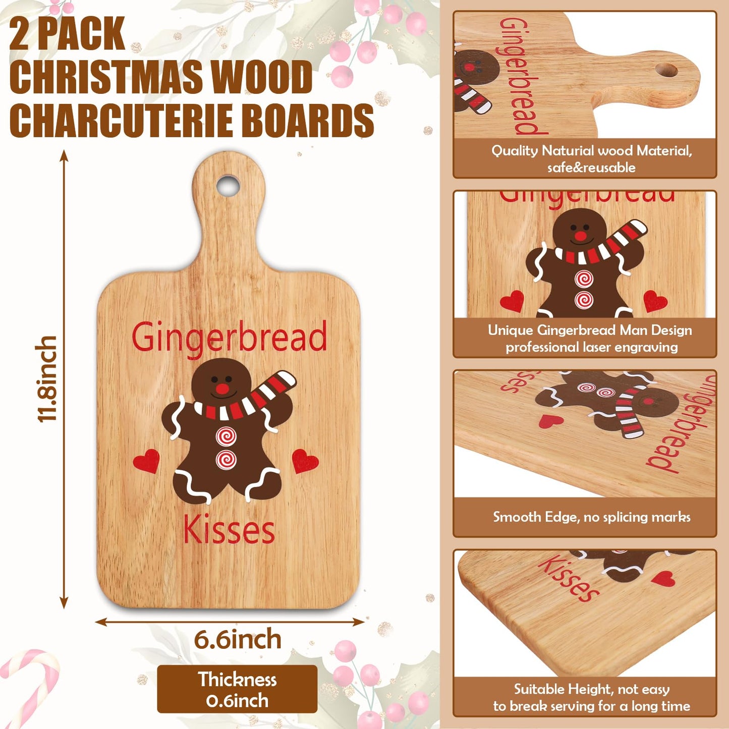 JarThenaAMCS 2 Pcs Merry Christmas Wood Cutting Board with Ribbon Gingerbread Man Kitchen Chopping Charcuterie Board Serving Platter Tray Dessert Candy Dish for Xmas Winter Home Party Gift Decor