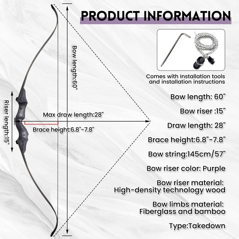 Archery Takedown Recurve Bow 60inch 30lbs,35lbs,40lbs,45lbs,50lbs,55lbs,60bs Traditional Hunting Bows Target Shooting Practice for Right Hand (45.00)