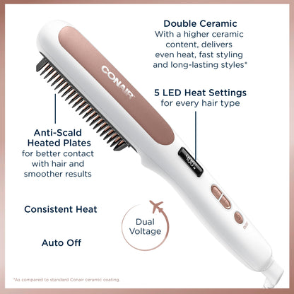 Conair Double Ceramic Straightening Brush, Heated Straightening Brush for Smooth Shiny Hair, V-Shaped Heat Bristles for Closer Contact