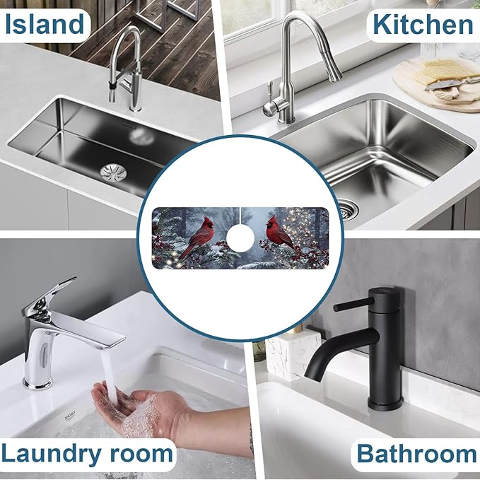 Winter Sink Splash Guard Faucet Mat Cardinal Christmas Super Absorbent Fast