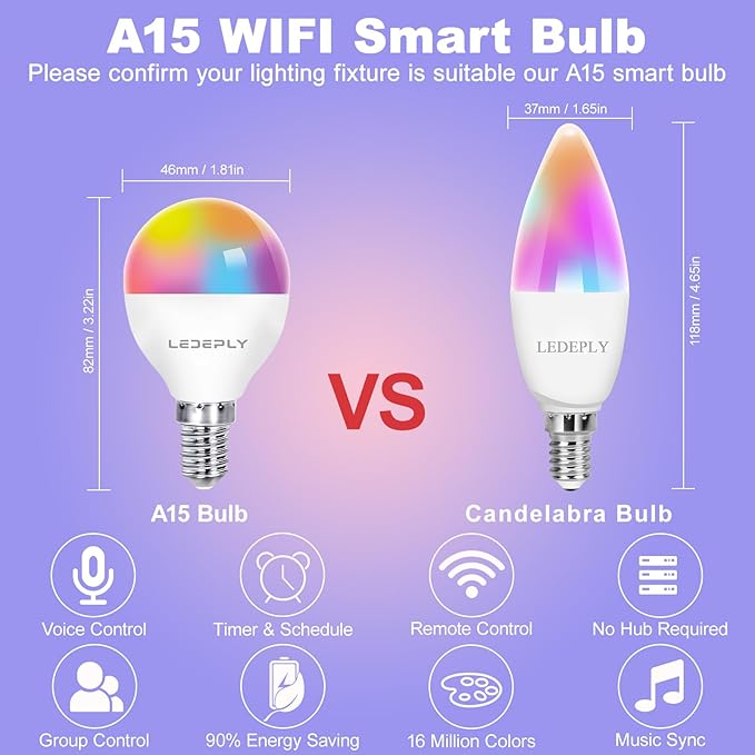 A15 LED Smart Bulb, 5W=40W,Compatible with Alexa Google Assistant, E12 Base, G45 Ceiling Fan Light Bulbs, 2.4G WiFi ONLY, 4 Pack